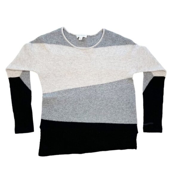 White + Warren Cashmere Sweater Women's Size XS Gray Black Colorblock Crew Neck - Picture 7 of 10